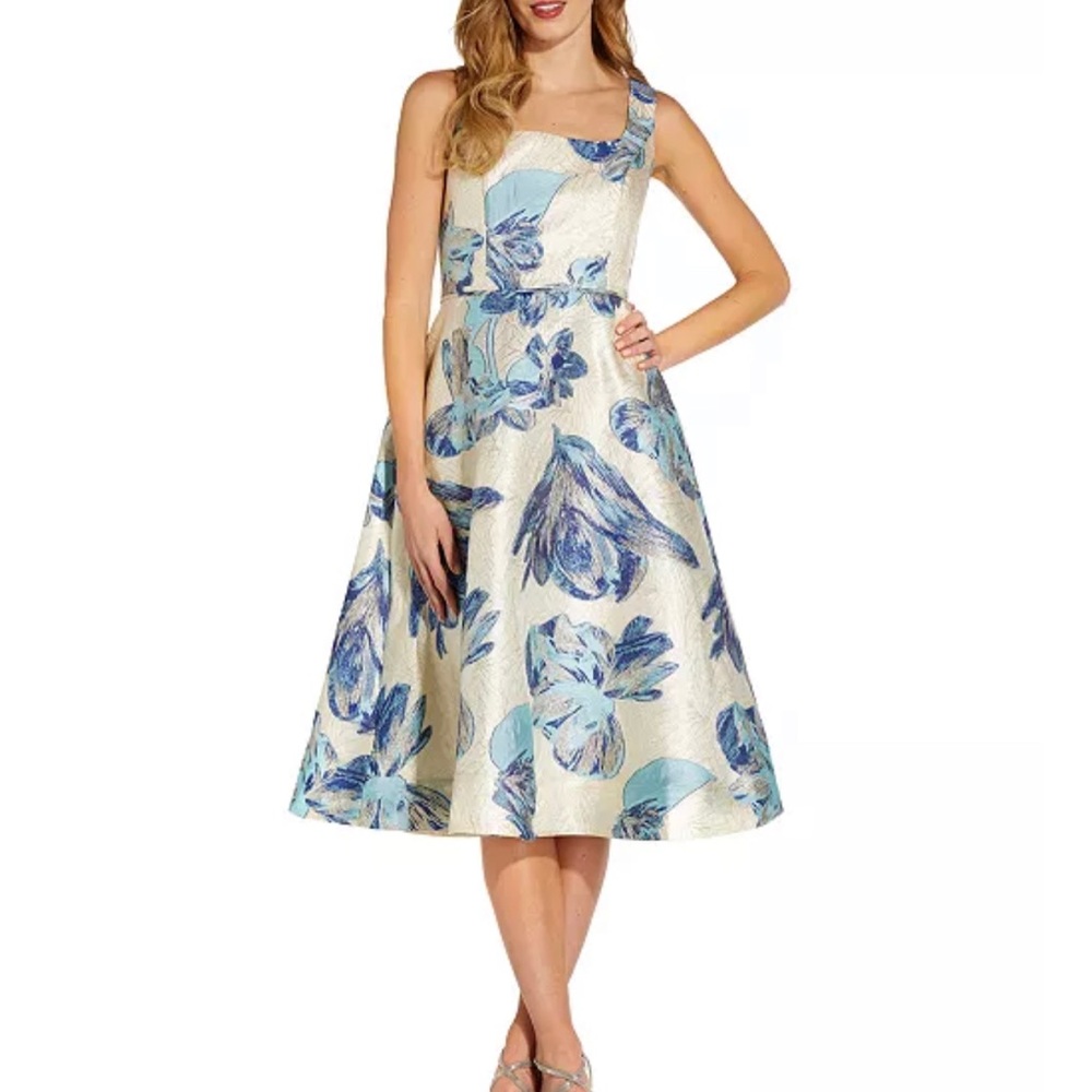 Adrianna Papell Blue & Gold Jaquard Dress